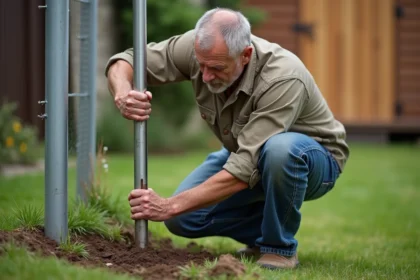 Homme posant un poteau de grillage sans ciment dans un jardin en utilisant un enfonce-pieu manuel