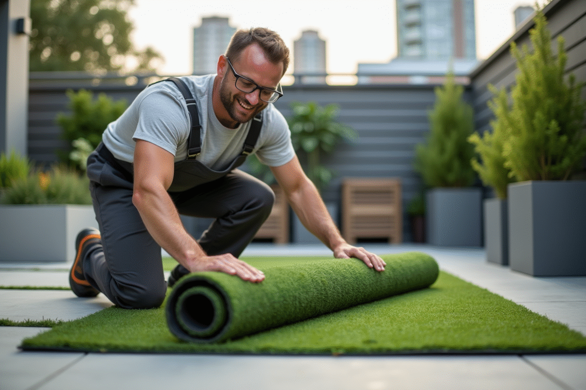 Homme en overalls poseur de tapis artificiel dans un jardin urbain