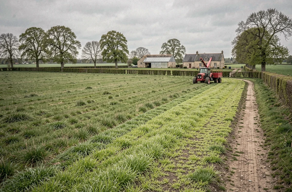 Vue large d'une prairie permanente en sursemis de ray-grass anglais avec une machine à sursemer et une ferme bocagère en arrière-plan