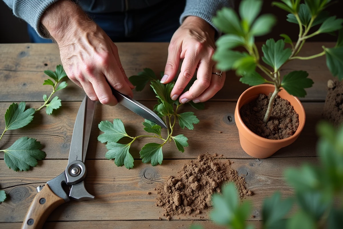 Mains préparant des boutures de laurier sur une table de rempotage en bois avec pot en terre cuite et terreau