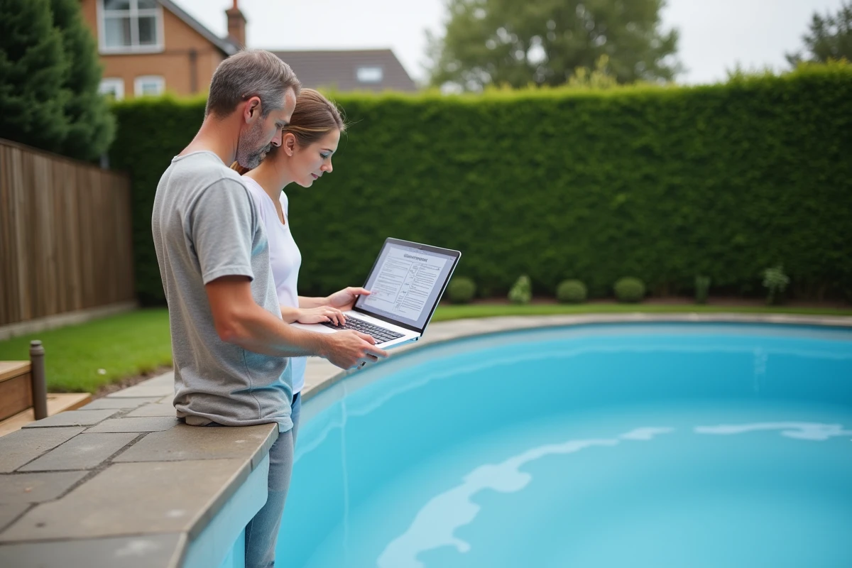 Couple de propriétaires inspectant leur piscine coque nouvellement installée dans leur jardin avec liste de vérification sur ordinateur portable