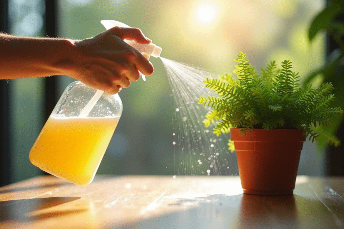 Main pulvérisant un fongicide sur une plante verte en intérieur