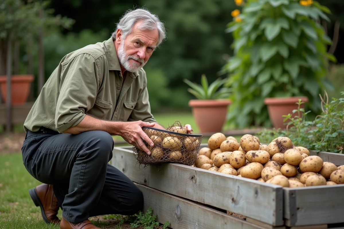 Homme récoltant des pommes de terre en bac surélevé sans bêcher avec la méthode de culture sous paille dans un jardin potager