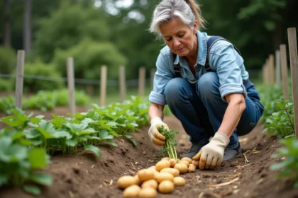 Femme récoltant des pommes de terre sans bêcher en tirant les plants à la main dans un potager avec paillis de paille