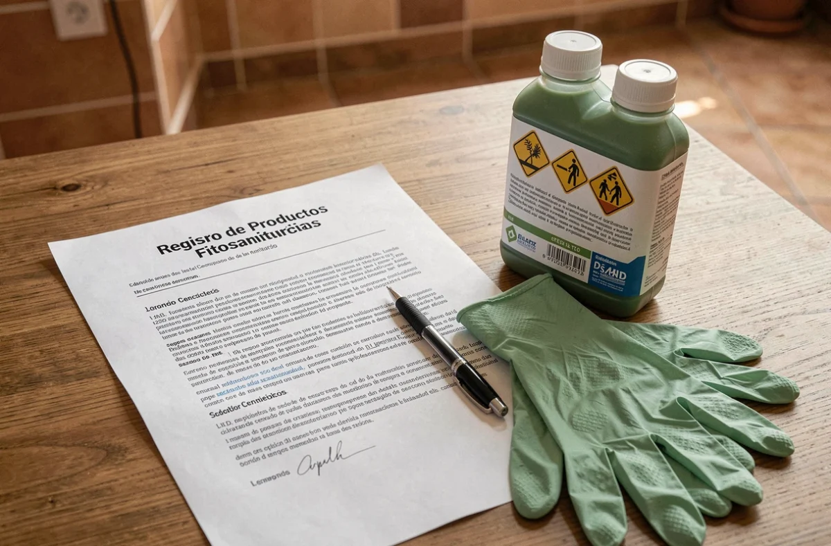 Document réglementaire espagnol sur les produits phytosanitaires posé à côté d'un flacon d'herbicide et de gants de protection