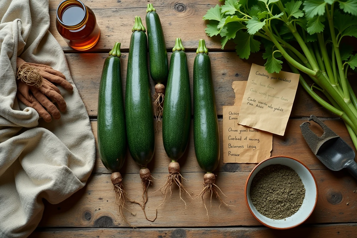 Vue en plongée de remèdes biologiques contre les maladies des courgettes disposés sur une table en bois rustique