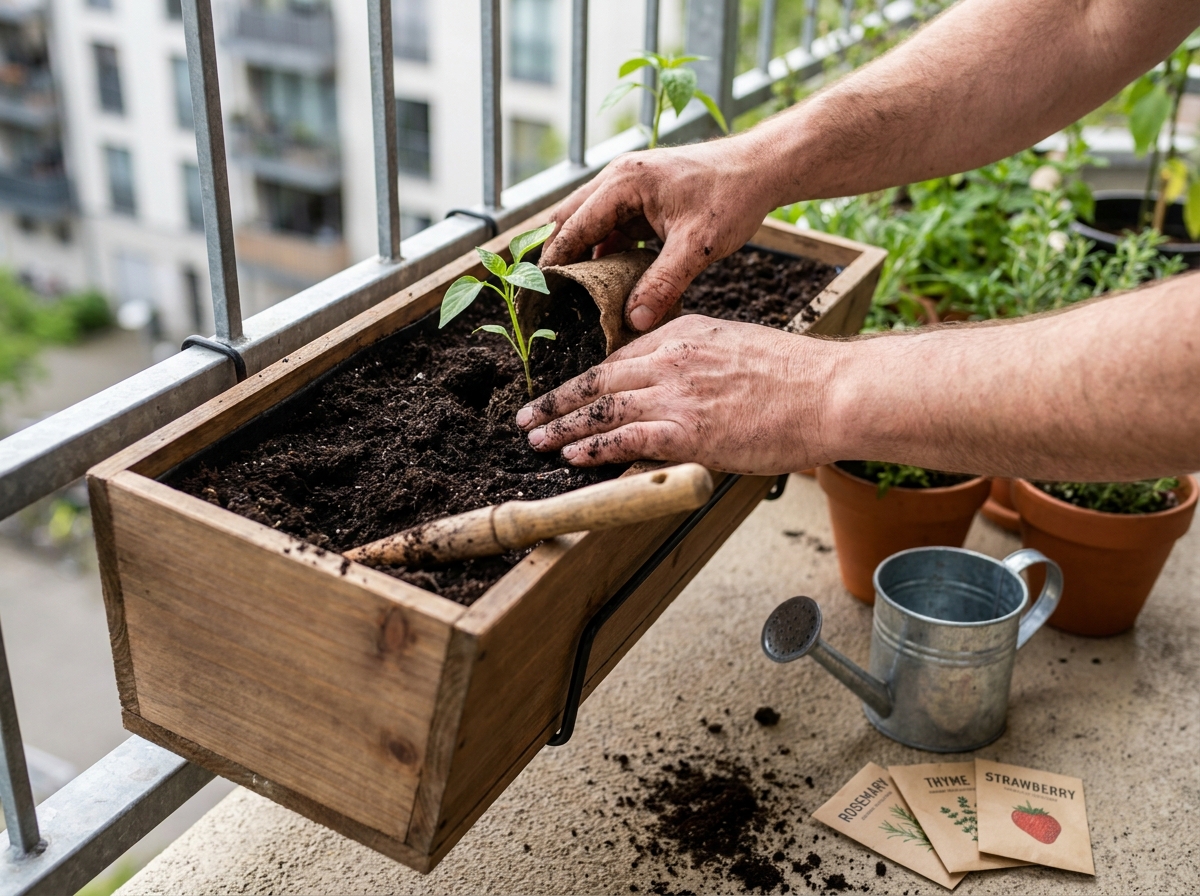 Gros plan sur des mains repiquant un plant de poivron dans une jardinière de balcon entourée d'herbes aromatiques