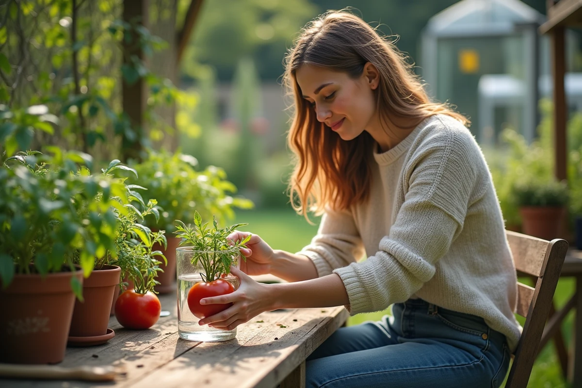 Jeune femme replante des pousses de tomate dans un jardin