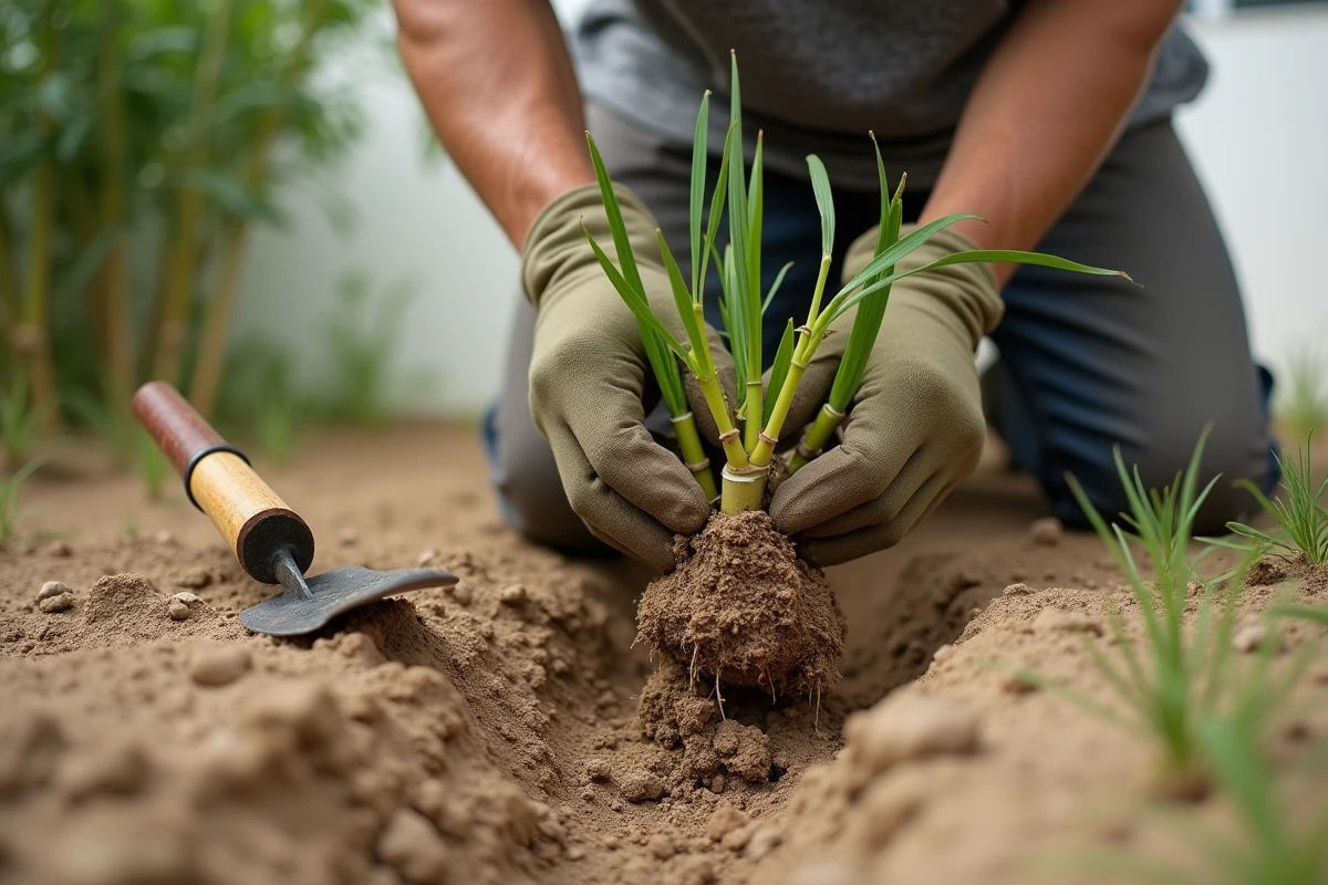 Gros plan sur la plantation de rhizomes de bambou non traçant dans un sol sec et sableux avec des gants de jardinage
