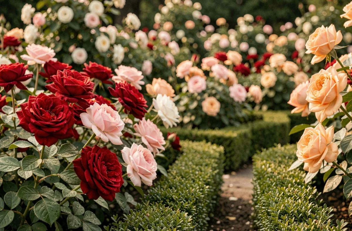 Rosiers Philippe Marro en Gironde, parterres de roses anciennes en pleine floraison avec des variétés rouges, roses et abricot le long d'une allée de jardin
