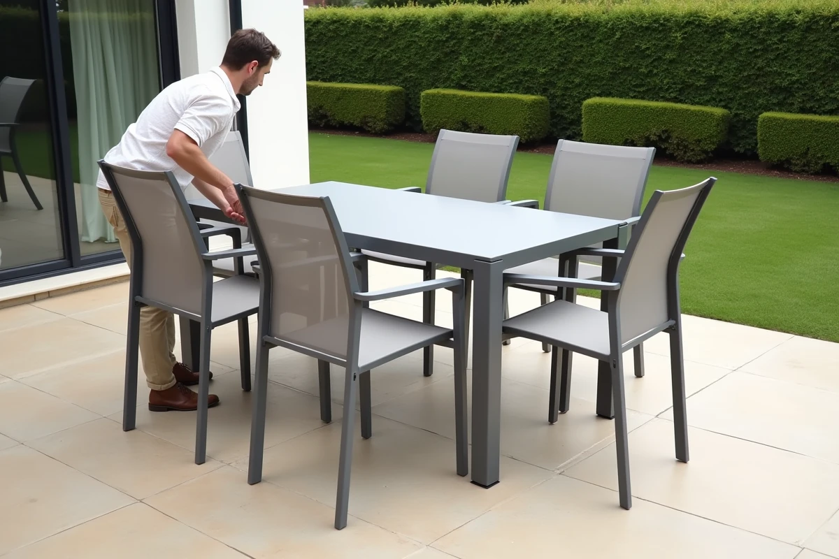 Salon de jardin en aluminium gris mat avec table rectangulaire et chaises empilables sur une terrasse moderne