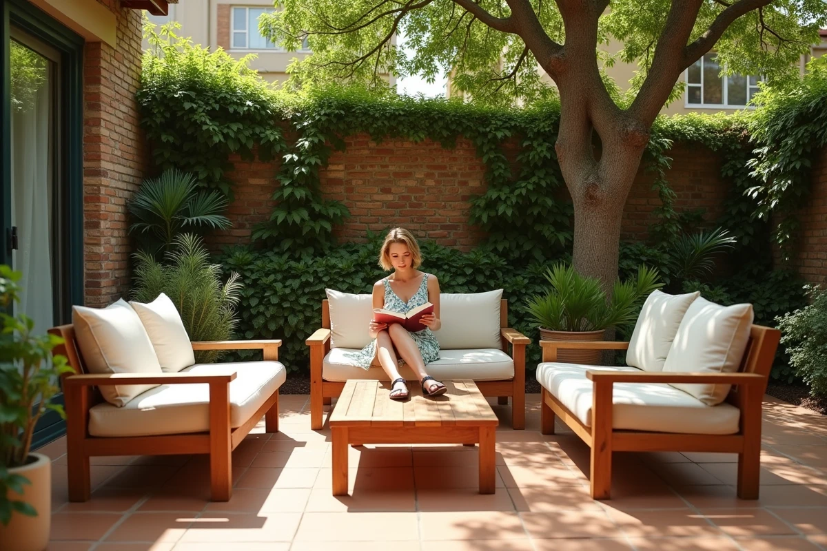 Salon de jardin en bois acacia avec canapé et fauteuils sur une terrasse en carrelage terracotta entourée de végétation