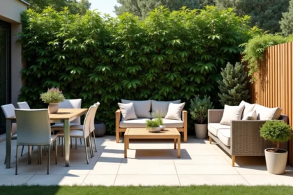 Terrasse de jardin avec trois salons différents en aluminium, bois et résine tressée côte à côte