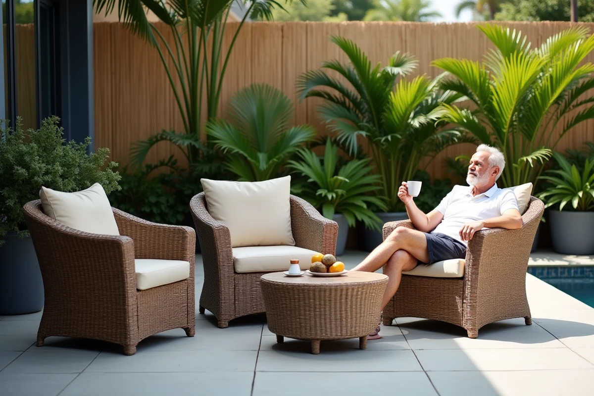 Salon de jardin en résine tressée imitation rotin marron avec fauteuils profonds et table basse ronde sur terrasse composite