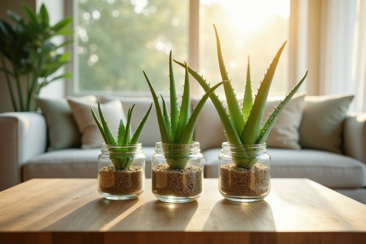 Salon lumineux avec des aloe vera sur la table en bois