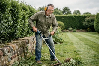 Homme portant des équipements de protection individuelle utilisant un rotofil électrique le long d'un muret en pierre dans un jardin verdoyant
