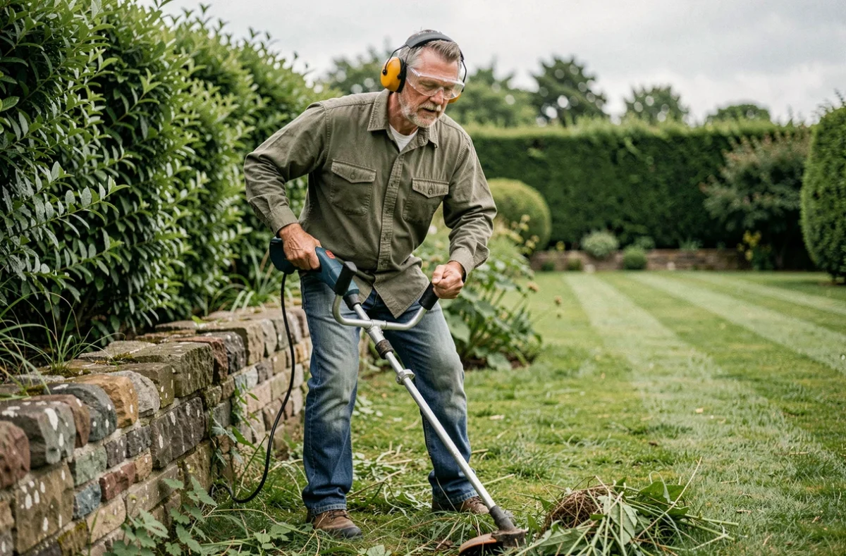 Homme portant des équipements de protection individuelle utilisant un rotofil électrique le long d'un muret en pierre dans un jardin verdoyant