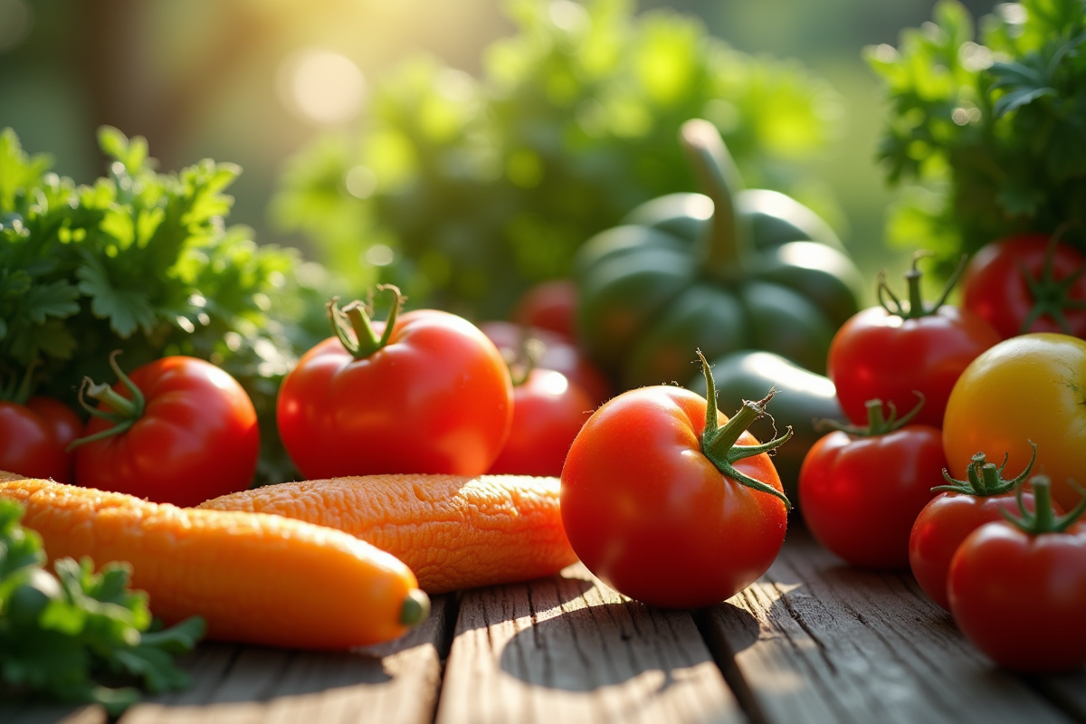 Serfouette propre sur une table en bois avec légumes frais au matin