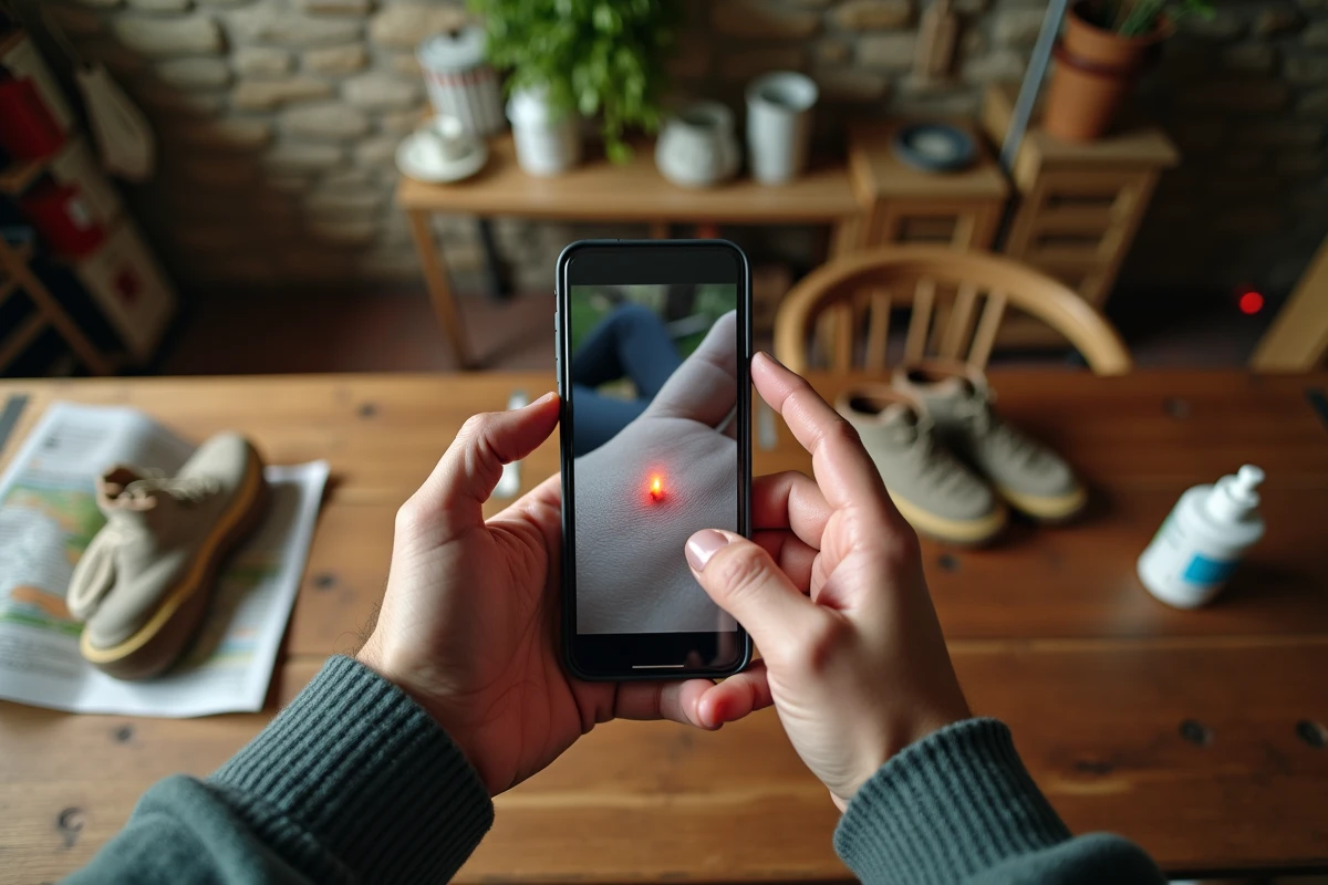 Mains tenant un smartphone montrant une piqûre d'insecte rouge sur la peau, posées sur une table de cuisine rustique avec des affaires de randonnée