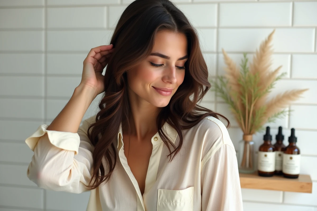 Jeune femme aux cheveux longs ondulés appliquant un soin capillaire à base d'extrait d'aneth dans une salle de bain naturelle et épurée