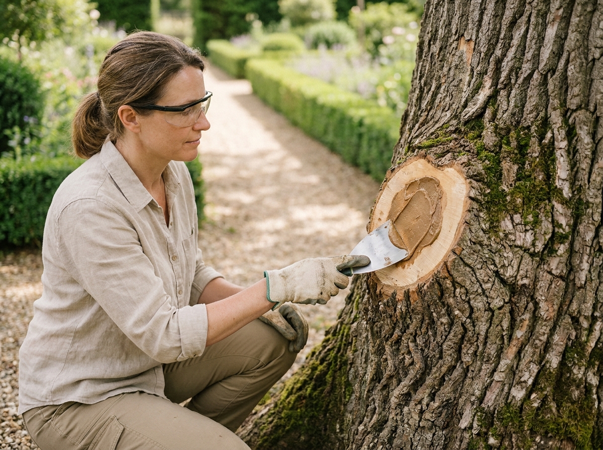 Femme appliquant un mastic cicatrisant sur une plaie de taille d'un chêne mature dans un jardin entretenu