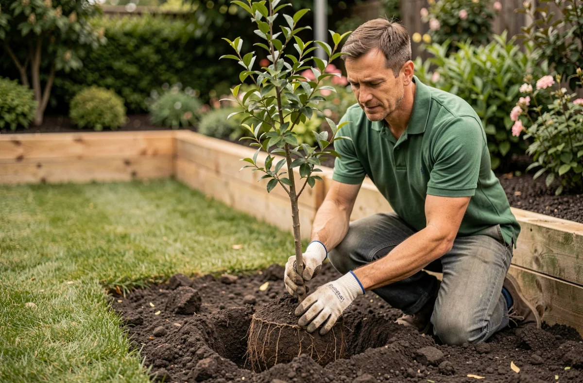 Un professionnel de Spironello Espaces Verts plante un arbre ornemental dans un jardin privé fraîchement aménagé avec une pelouse bien délimitée