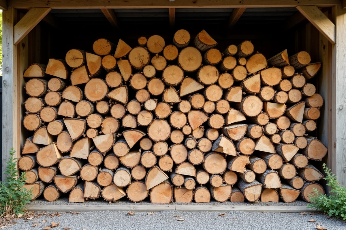 Stère de bois de chauffage albizia empilé dans un abri de jardin en bois