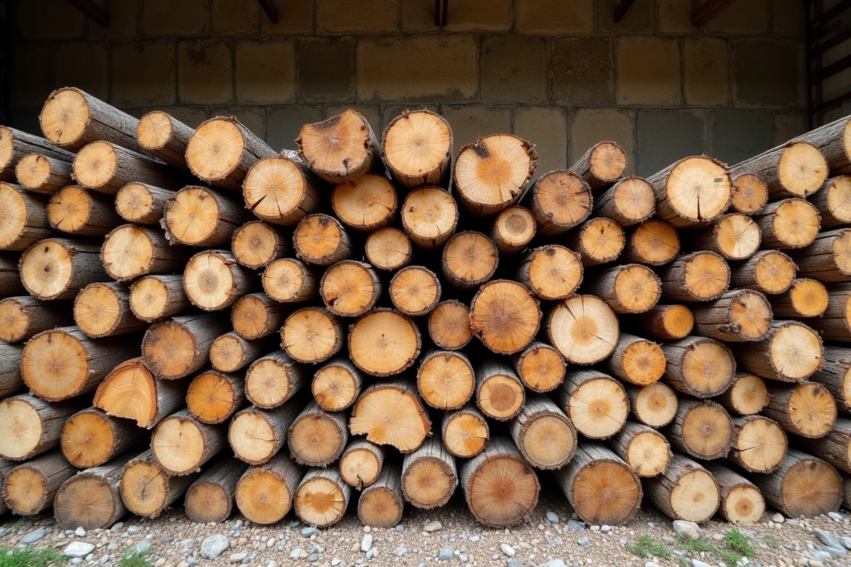 Stère de bois empilé contre un mur en pierre avec chêne, hêtre, bouleau et résineux visibles