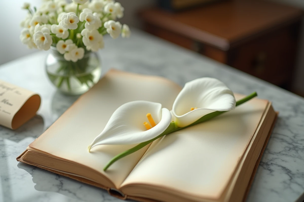 Nature morte symbolique avec un arum blanc posé sur un livre ancien et une lettre manuscrite sur marbre, évoquant la pureté et le souvenir lors d'un mariage