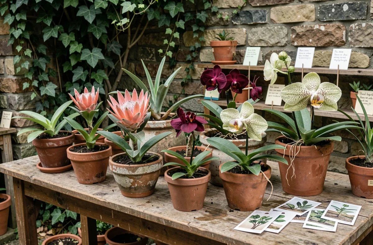 Table de rempotage en bois avec des plantes rares et fleurs exotiques dans des pots en terre cuite dans une pépinière artisanale