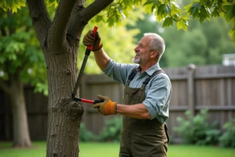 Homme en vêtements de jardinage taillant un arbre avec scie