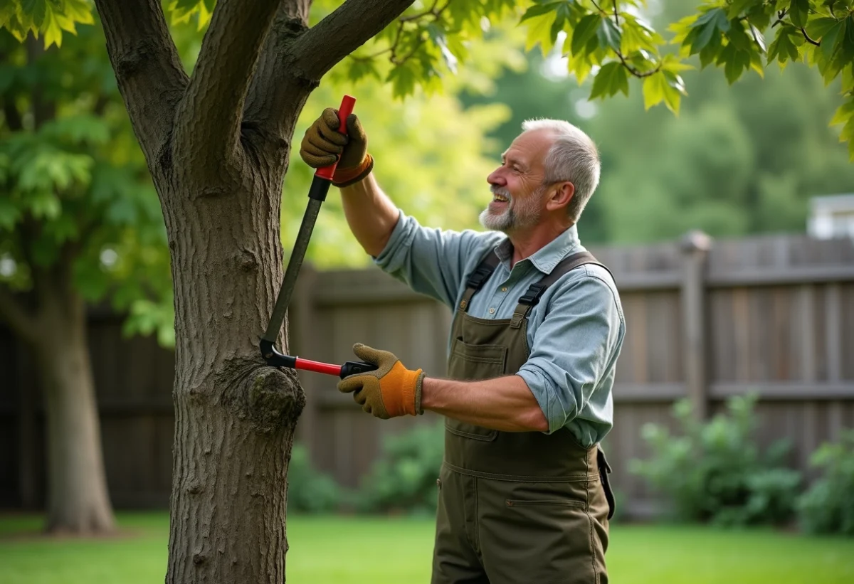 Homme en vêtements de jardinage taillant un arbre avec scie