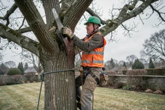 Arboriste professionnel en train de tailler un grand chêne mature en hiver dans un jardin privé