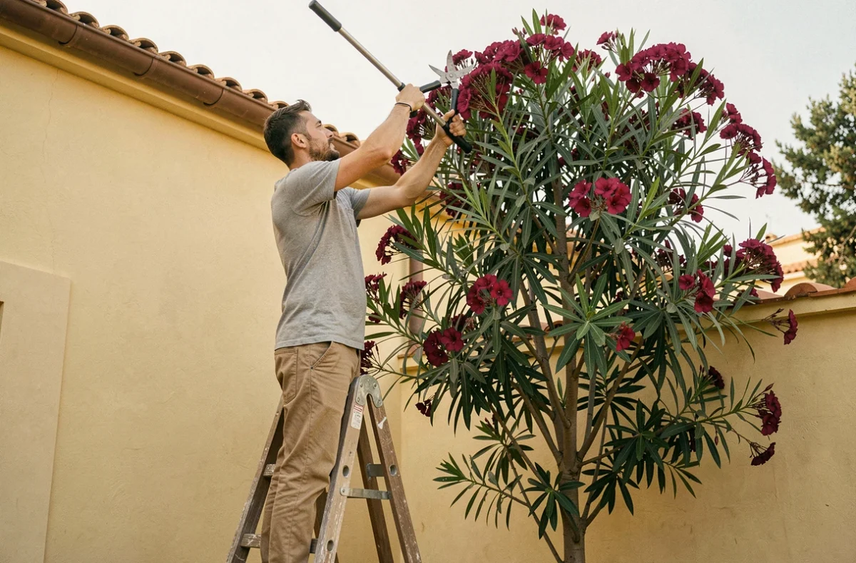 Homme sur un escabeau qui taille un grand laurier rose en forme d'arbre dans un jardin urbain