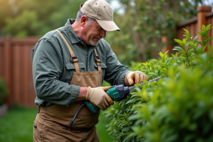 Homme en tenue de travail taillant une haie dense dans le jardin