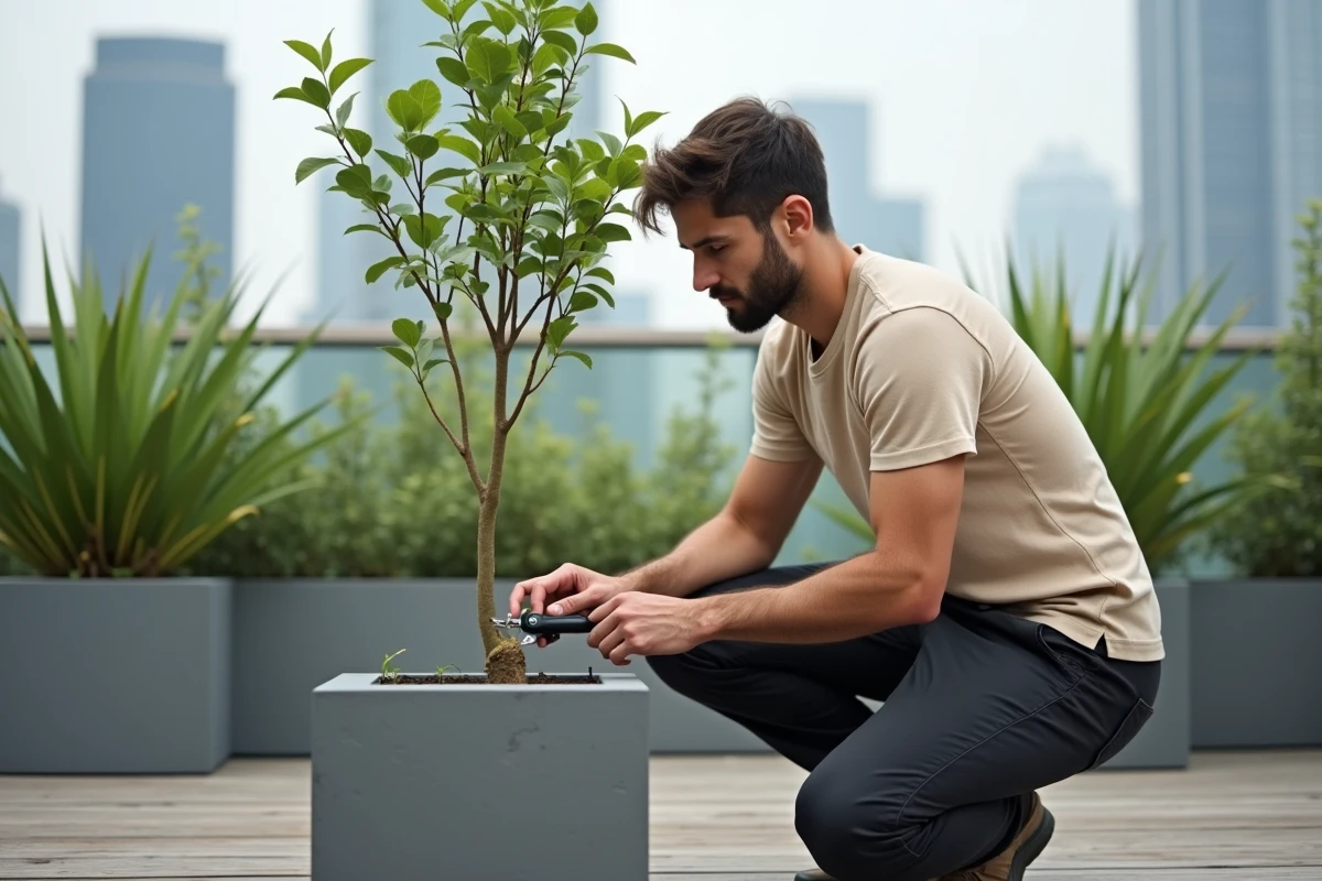 Jeune homme taillant un jeune plant de lilas des Indes en pot sur une terrasse urbaine contemporaine avec des sécateurs à main