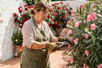 Femme qui taille un laurier rose dans un jardin méditerranéen avec un sécateur