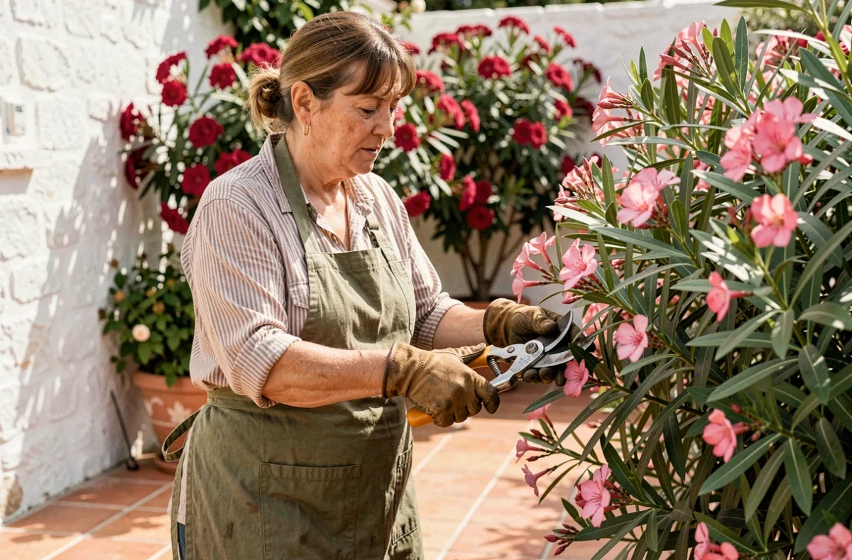 Femme qui taille un laurier rose dans un jardin méditerranéen avec un sécateur