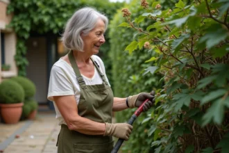 Femme d'âge mûr taillant un lilas des Indes mature dans un jardin français avec des sécateurs, portant un tablier de lin et des gants de jardinage