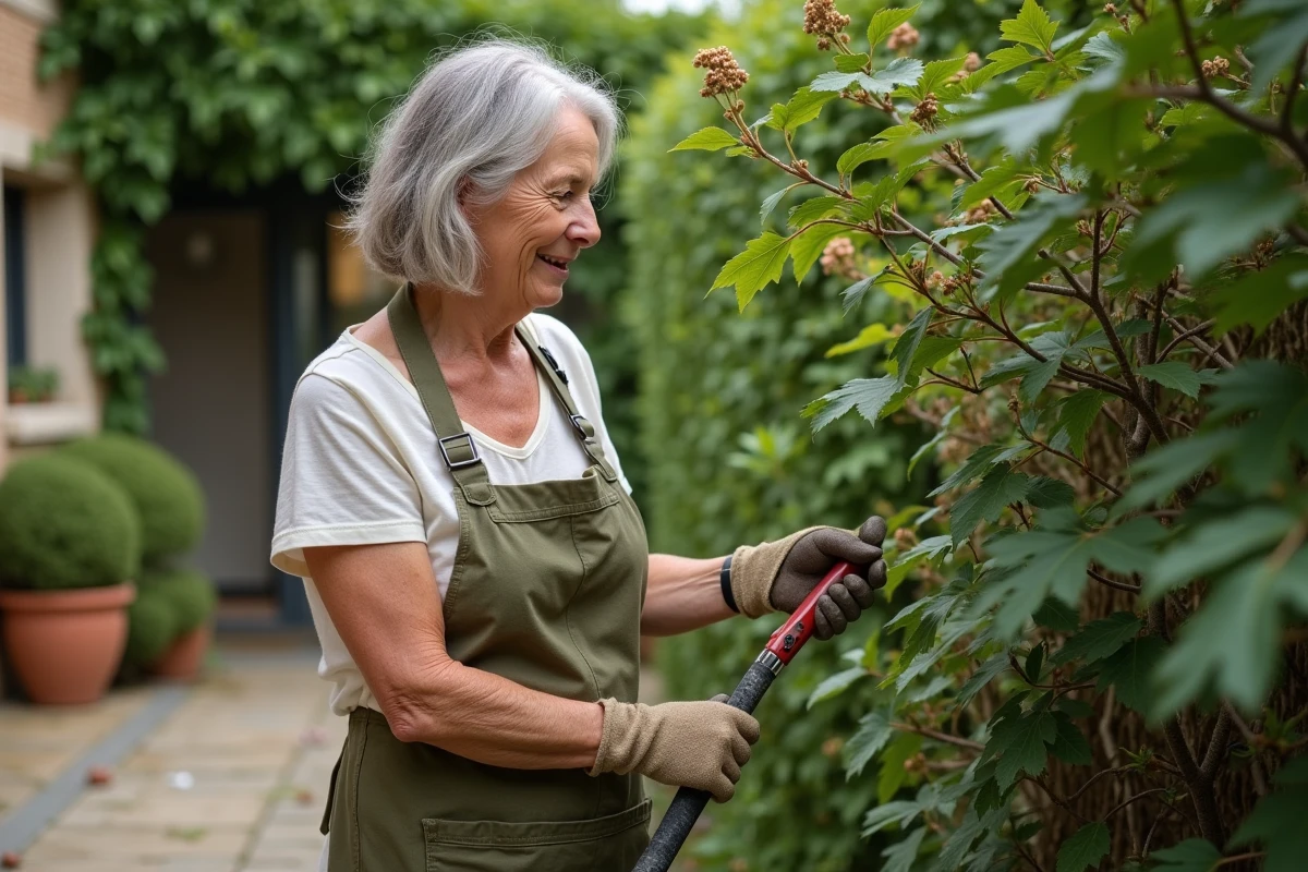Femme d'âge mûr taillant un lilas des Indes mature dans un jardin français avec des sécateurs, portant un tablier de lin et des gants de jardinage