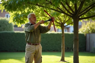 Homme taillant un mûrier en parasol dans un jardin résidentiel au printemps
