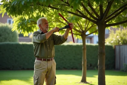 Homme taillant un mûrier en parasol dans un jardin résidentiel au printemps