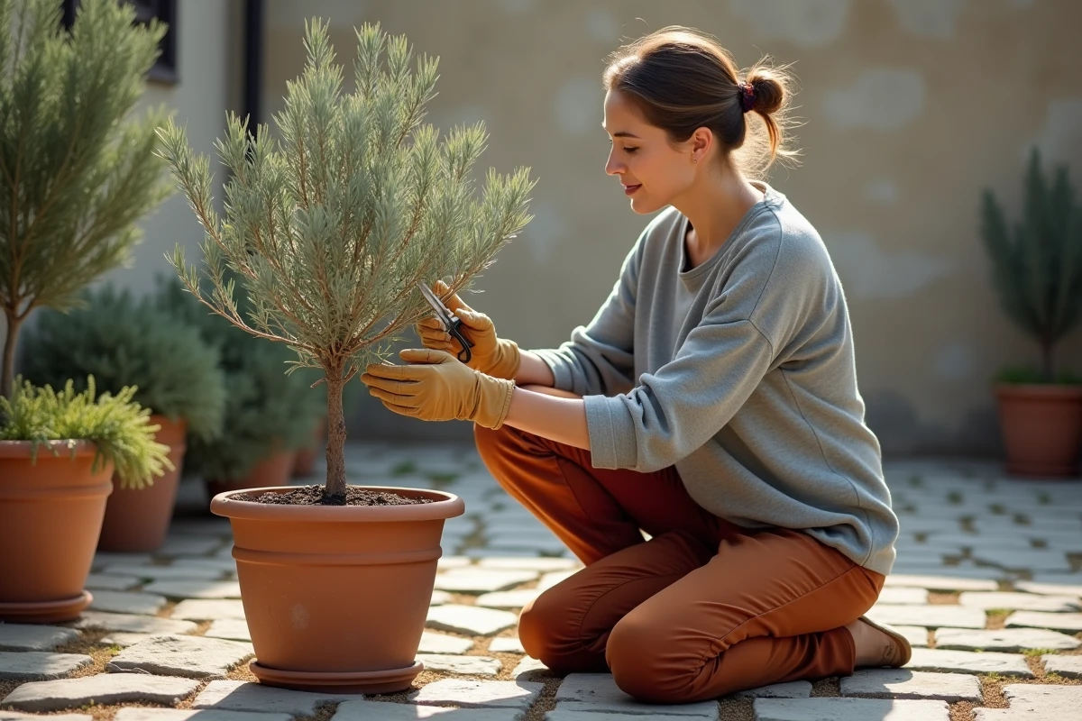 Femme taillant un jeune olivier en pot en forme de nuage sur une terrasse en pierre