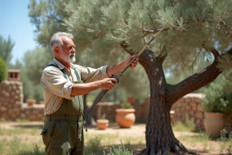 Jardinier taillant un olivier en nuage dans un jardin méditerranéen au printemps
