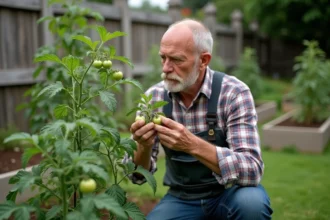 Homme taille une pousse de tomate dans un jardin
