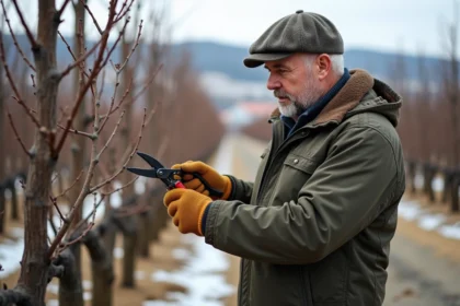 Homme en vêtements de travail taille une vigne en hiver