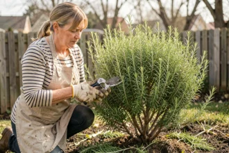 Femme jardinière taillant un buisson de romarin au printemps avec un sécateur dans un jardin extérieur