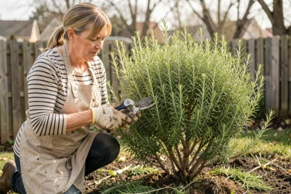 Femme jardinière taillant un buisson de romarin au printemps avec un sécateur dans un jardin extérieur