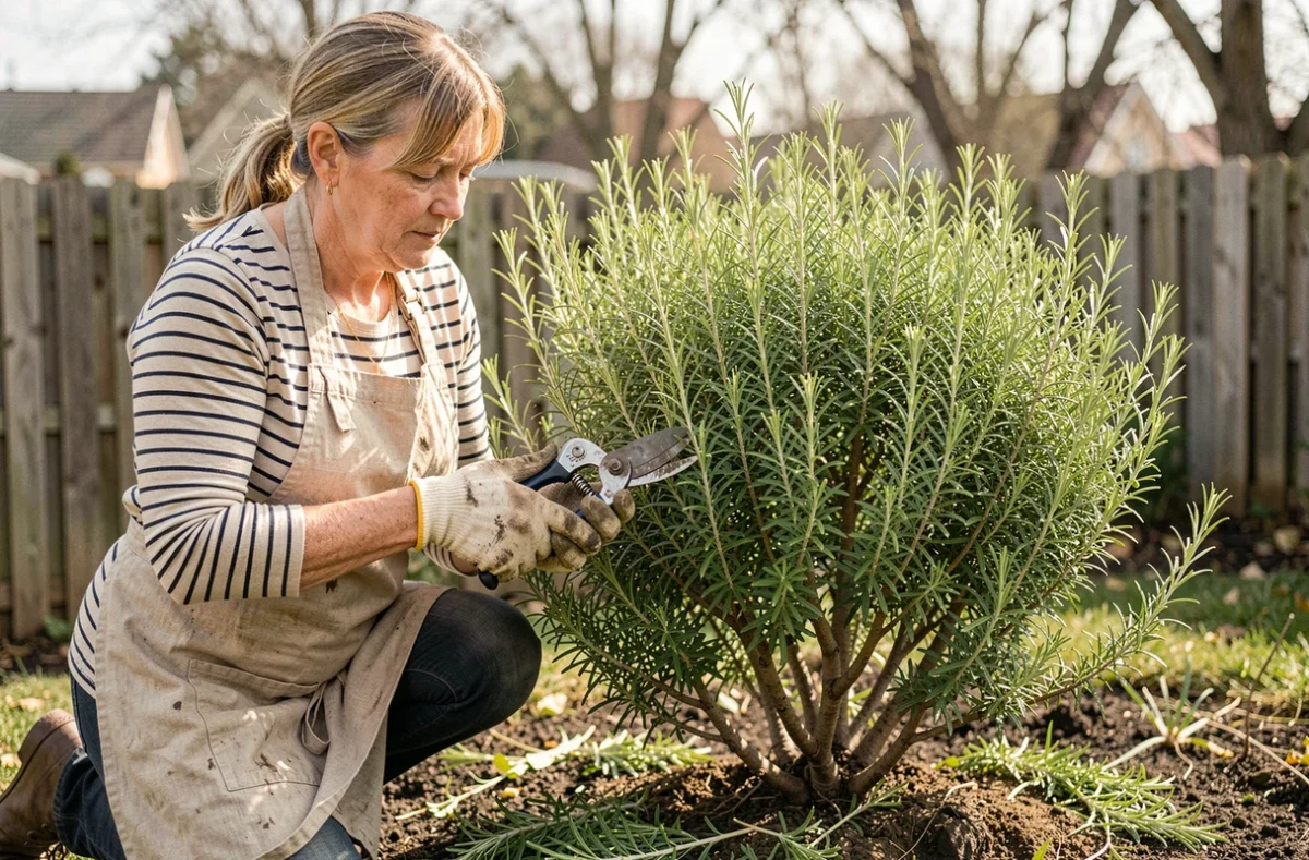 Femme jardinière taillant un buisson de romarin au printemps avec un sécateur dans un jardin extérieur