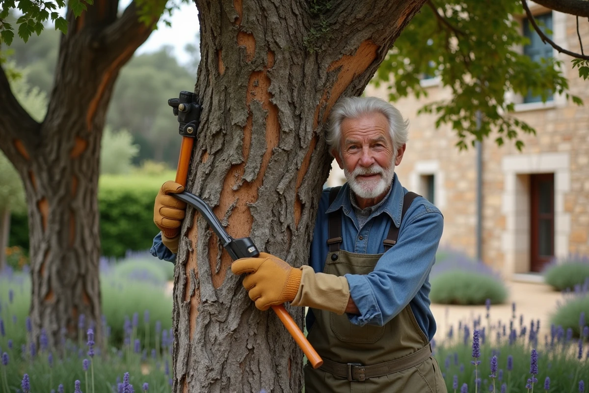 Homme âgé utilisant un ébrancheur à long manche pour tailler la canopée d'un grand lilas des Indes ancien dans un jardin provençal